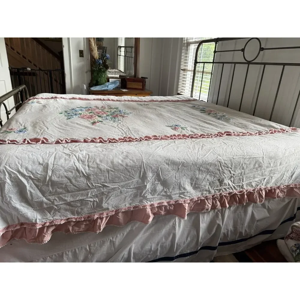 1950's Floral Chenille Bedspread 104”X 96” Shabby Chic Cottagecore Needle Tuft